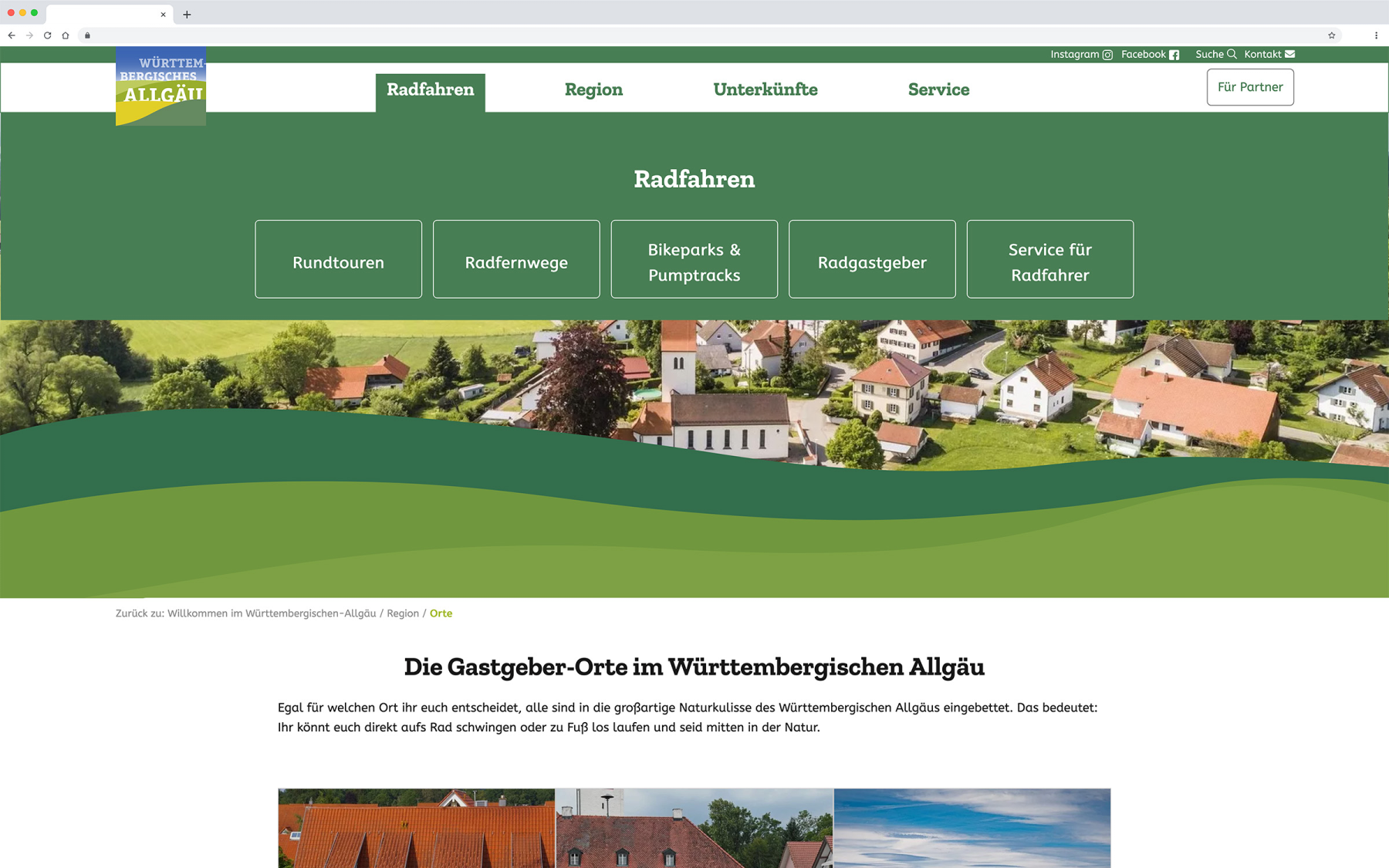 Desktop-Darstellung der Website des Württembergischen Allgäus auf einem Screen, zeigt wichtige Informationen und Benutzerinteraktionen hier: Aufgeklapptes On-Canvas Menü