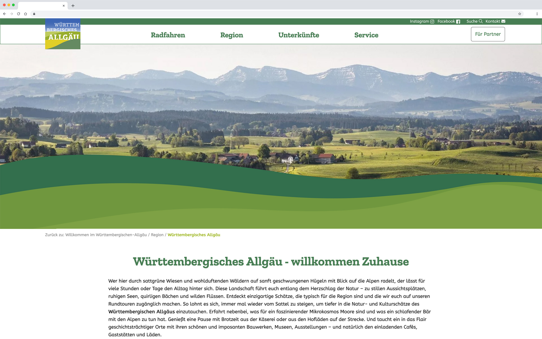 Desktop-Darstellung der Website des Württembergischen Allgäus auf einem Screen, zeigt wichtige Informationen und Benutzerinteraktionen hier: Allgemeine Informationen über die Region