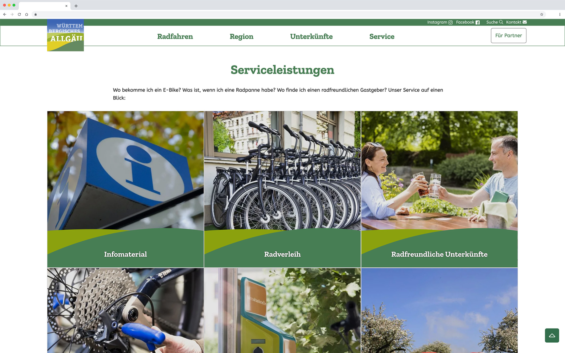 Desktop-Darstellung der Website des Württembergischen Allgäus auf einem Screen, zeigt wichtige Informationen und Benutzerinteraktionen hier: Serviceleistungen als Teaser-Boxen