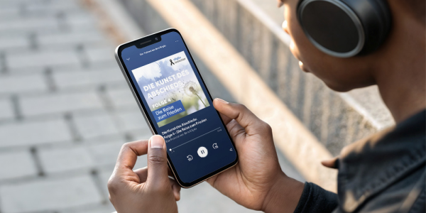 Eine Person hört den Allgäu Bestatter Podcast über ein Smartphone