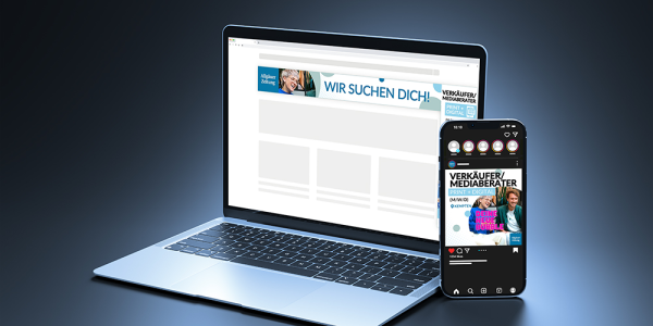 Ein Laptop und ein Smartphone zeigen die Anwendungen der Digital-Ads des Allgäuer Zeitungsverlags. Der Laptop zeigt einen Werbebanner und das Smartphone einen Post auf Social Media