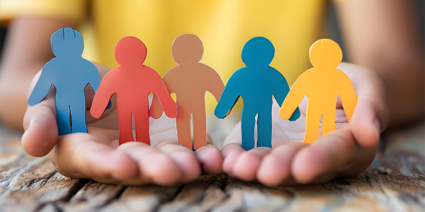 Eine Person hält bunte Papiermenschen in der Hand 