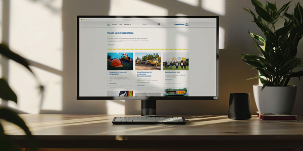 Ein Computer steht auf einem Schreibtisch und zeigt das Intranet von Josef Hebel, daneben steht eine Pflanze