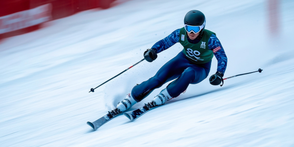 Ein Skifahrer fährt auf einer Rennstrecke die Piste hinunter