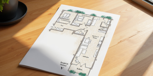 Blatt Papier mit Grundriss einer Ferienwohnung liegt auf einem Tisch